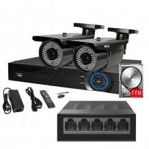 Kit IP 2 Camere Color Varifocale 2.8-12mm supraveghere video AKU SUPER CLEAR HD 2 MP + NVR 4 canale FULL HD 1080P 3-5MP + HDD 1 TERRA, SWITCH, 50m infrarosu, cu vizualizare pe telefon mobil tableta desktop AK9922H